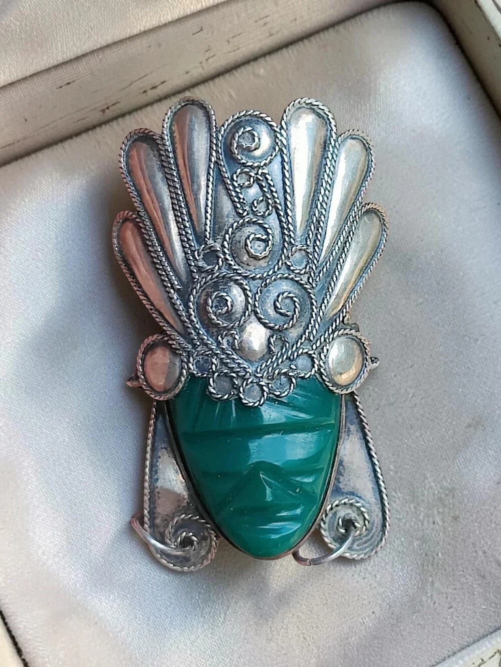 Large Vintage Sterling Silver Green Onyx Mayan Warrior Brooch